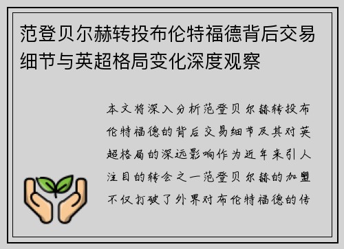 范登贝尔赫转投布伦特福德背后交易细节与英超格局变化深度观察 范登贝尔赫转投布伦特福德背后交易细节与英超格局变化深度观察